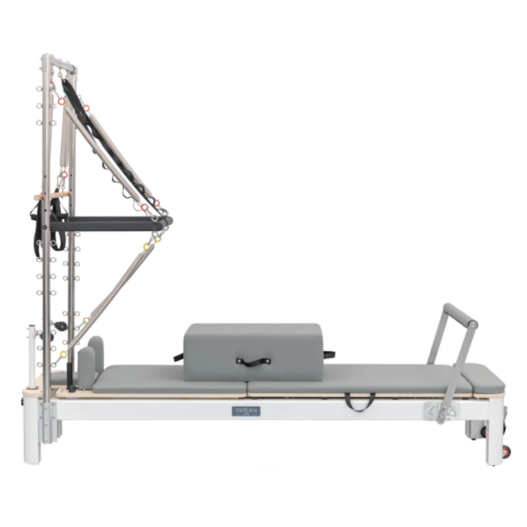 Pilates Reformer s Věžovým Systémem – Hliníková Konstrukce, Šedé Polstrování - Obrázek 3