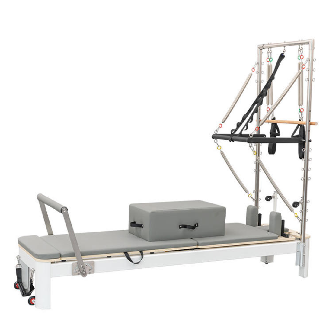 Pilates Reformer s Věžovým Systémem – Hliníková Konstrukce, Šedé Polstrování
